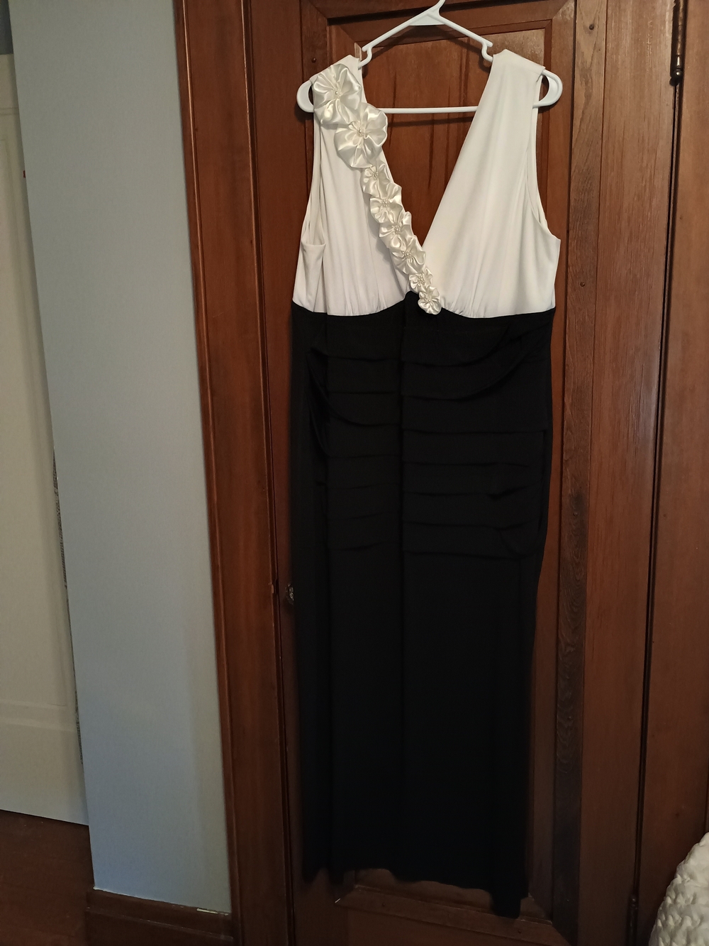 Dressbarn Black and White Evening Gown with Floral Trim